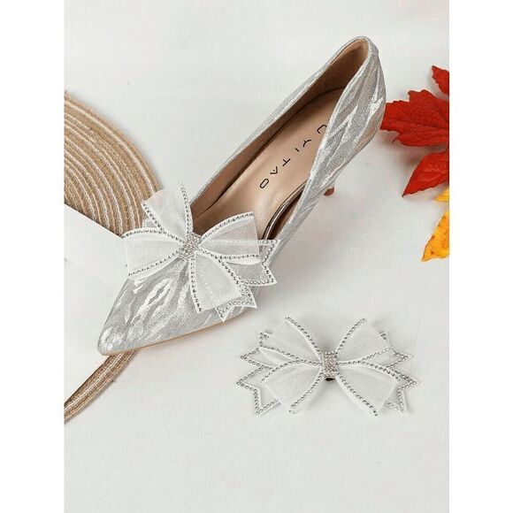 ✨ 2pcs White Bowknot Rhinestone Shoe Jewelry Clips Decor Accessories NEW - Picture 4 of 15